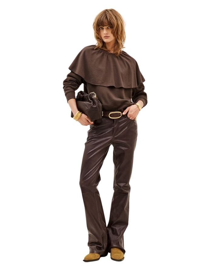Sweatshirt marron pour femme avec cape à légers godets, col ras du cou et manches raglan, modèle Dehina de la marque ba&sh.