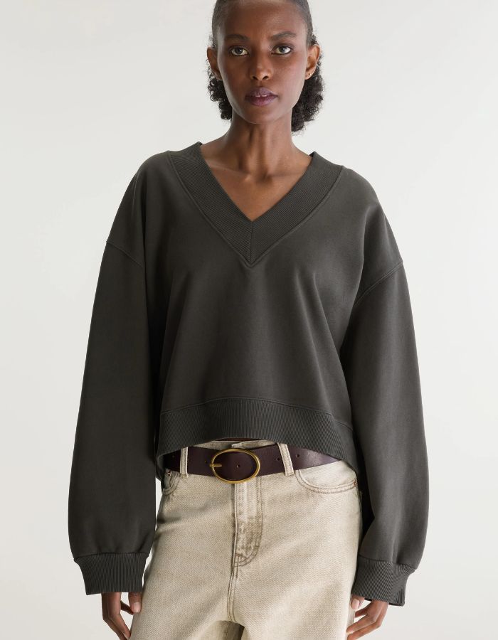 Sweatshirt court Sula Wakame vert foncé à col V pour femme Bellerose