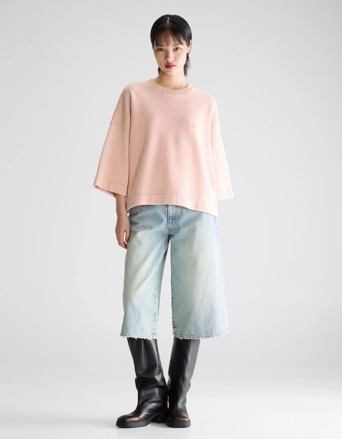 Sweatshirt Farlol Rosette Bellerose rose délavé, coupe oversized, manches courtes, logo "bb" brodé.