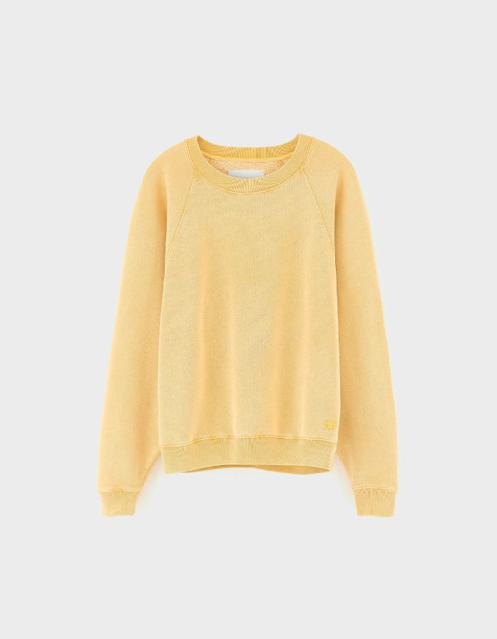 Sweatshirt Fella Sunlight Bellerose jaune moutarde en molleton de coton léger, coupe décontractée, manches raglan.