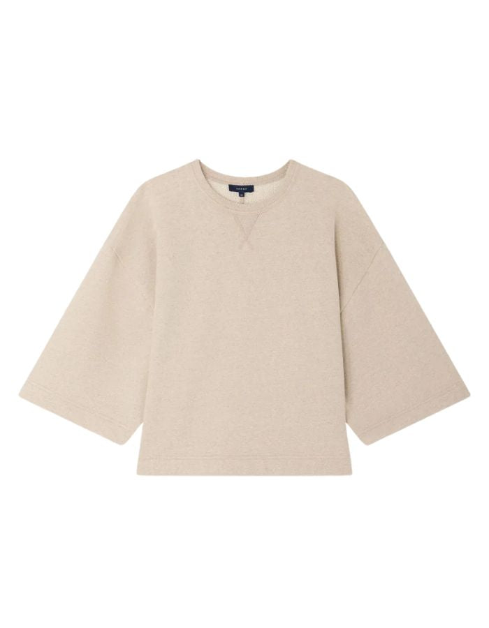 Sweatshirt Iksan beige chiné en molleton non gratté, coupe oversize, manches courtes évasées, col rond.