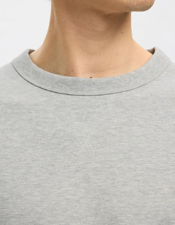 Col du Sweatshirt col rond pour homme en coton biologique gris clair chiné Light Grey Melange, modèle Relaxluke de la marque SELECTED HOMME. Présente une coupe droite avec finition en bord-côte au col, aux poignets et à la taille