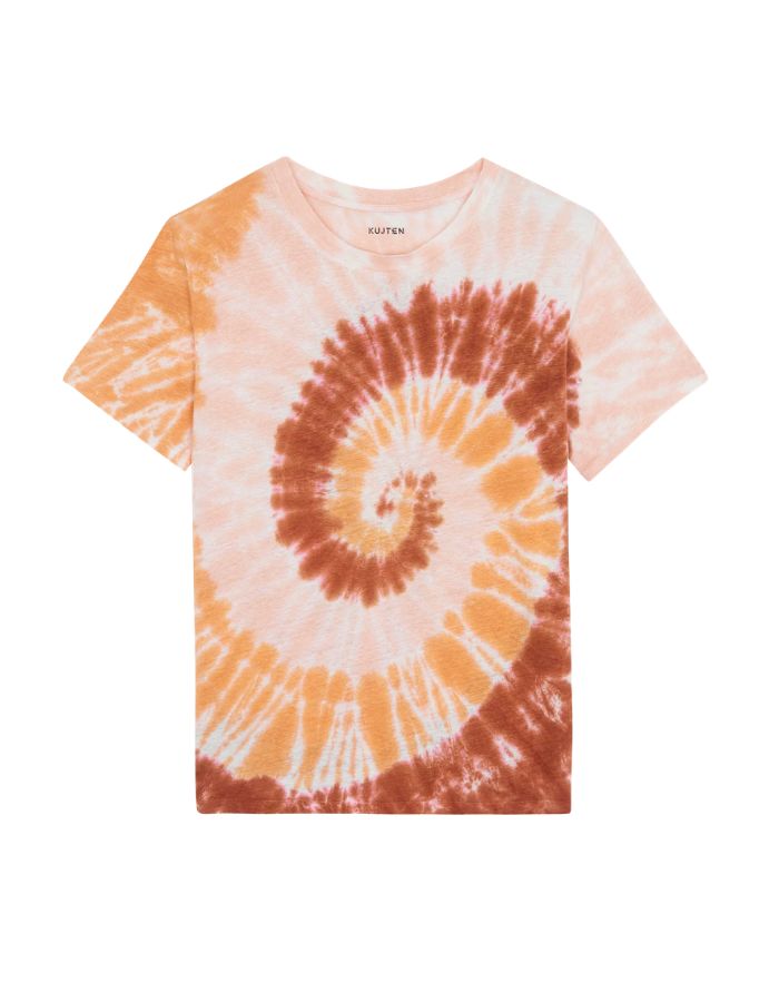T-shirt en lin pour femme Kujten modèle Aya Sunny, motif tie and dye coloris argile clay, coupe droite et manches courtes.