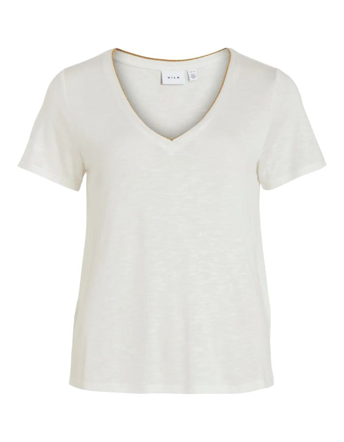 T-shirt blanc col V en jersey doux avec bordure dorée, manches courtes, coupe droite.