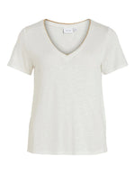 T-shirt blanc col V en jersey doux avec bordure dorée, manches courtes, coupe droite.