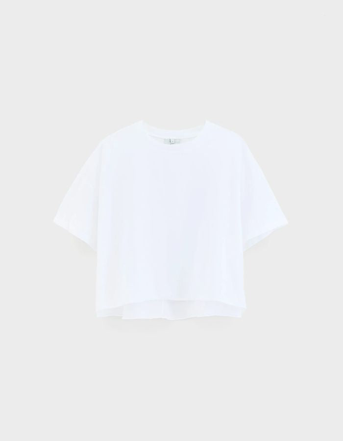 T-shirt Farpy Blanc Bellerose cropped oversized en jersey de coton léger, col rond, manches courtes.