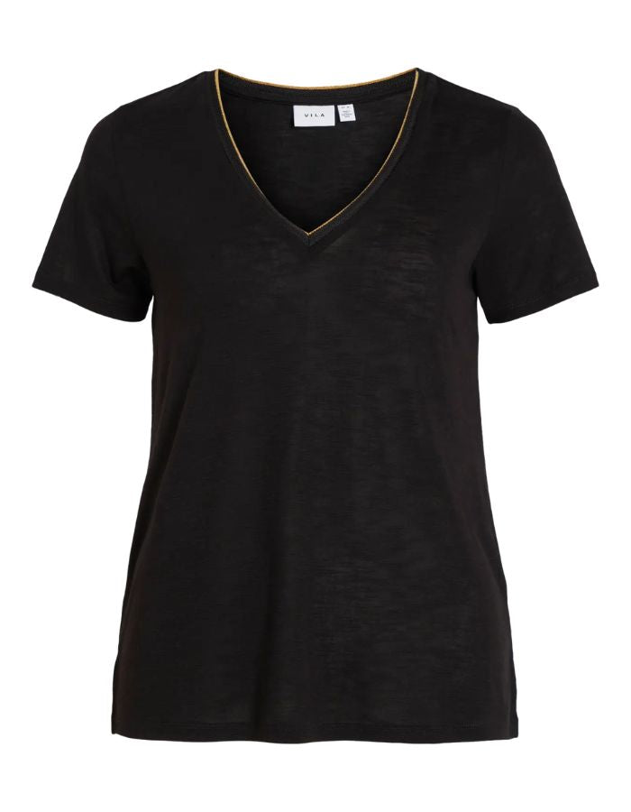 T-shirt noir uni pour femme modèle Noel de la marque Vila. Design classique à manches courtes et col en V, réalisé dans une maille jersey fluide et extensible