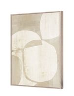 Tableau abstrait grand format aux formes géométriques douces dans des teintes beige et crème avec cadre en bois clair