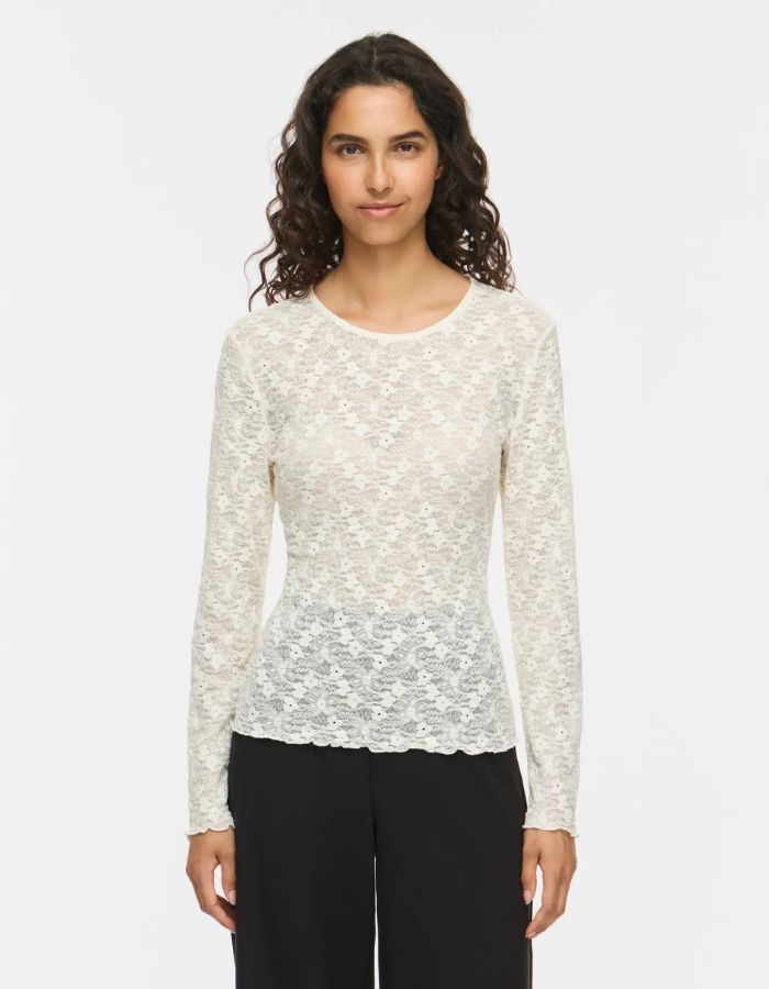 Silhouette de face avec le Top ajusté à manches longues pour femme, modèle Fay de la marque Vila. Tissu en mesh extensible coloris Regret (nuance foncée) avec des détails raffinés en dentelle et un col rond classique
