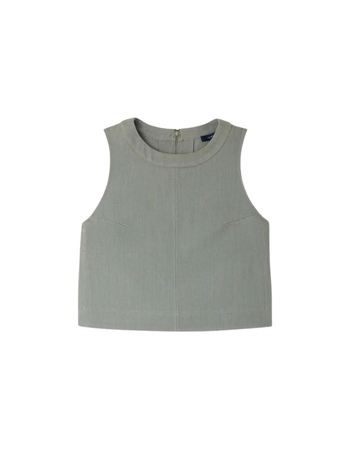 Top Pampa Vert d'Eau en toile de coton, coupe droite, encolure ronde et zip invisible au dos.