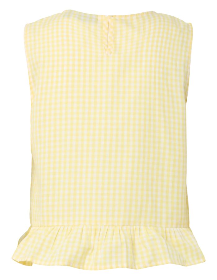 Dos du Top sans manches Bibby de la marque PIECES avec motif Vichy jaune et blanc. Coupe Regular Fit avec découpe à la taille et col rond. Fabriqué en coton biologique et matières recyclées.
