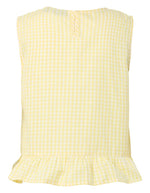 Dos du Top sans manches Bibby de la marque PIECES avec motif Vichy jaune et blanc. Coupe Regular Fit avec découpe à la taille et col rond. Fabriqué en coton biologique et matières recyclées.