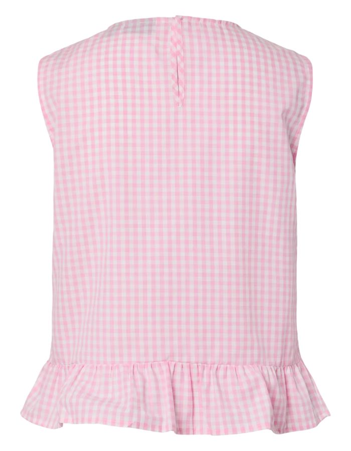 Dos du Top sans manches Bibby de la marque PIECES avec motif carreaux Vichy rose et blanc. Coupe Regular Fit avec ligne de découpe à la taille et col rond. Matière éco-responsable en coton bio et polyester recyclé.