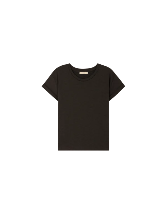 T-shirt col rond à manches courtes pour femme en jersey flammé vert kaki fumé avec emmanchures basses et fentes latérales, modèle T-Shirt Albano couleur Kaki Smoke de la marque Sessùn.