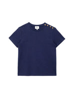 T-shirt bleu marine col rond pour femme en coton, modèle Taiga de la marque LA PETITE ÉTOILE. Présente une coupe droite à manches courtes et un boutonnage aspect corne sur l'épaule gauche.