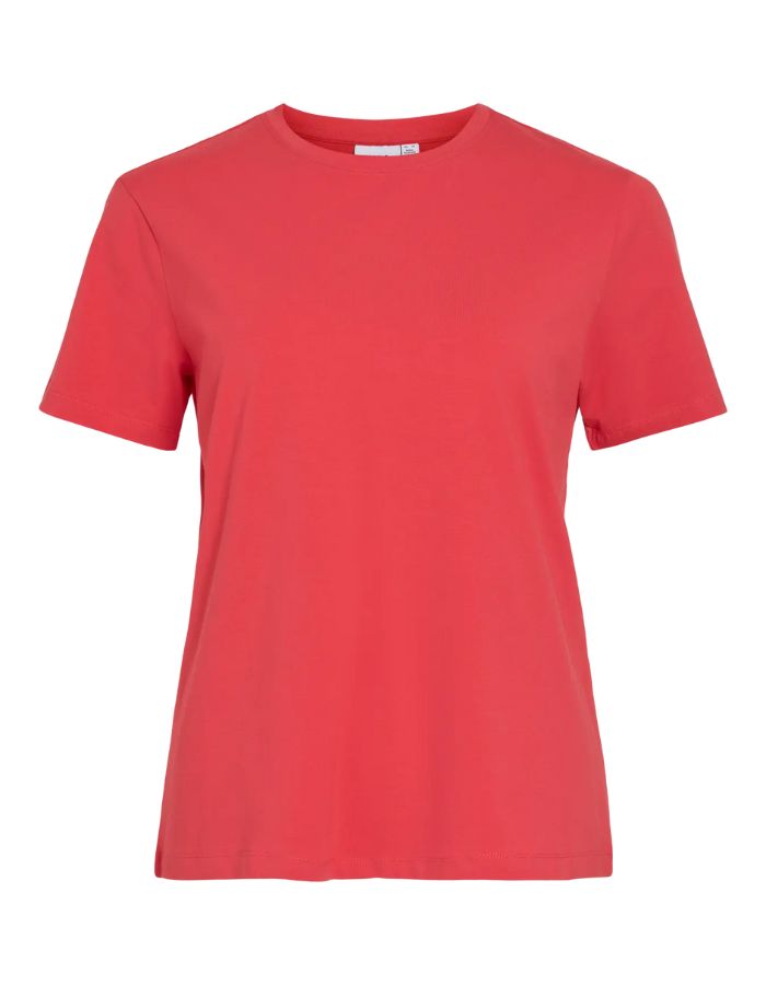 T-shirt rouge corail Nora en jersey de coton biologique, manches courtes et encolure ronde.