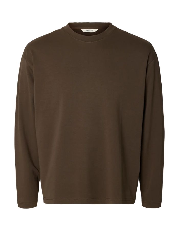 T-shirt manches longues pour homme en coton biologique épais marron, col rond et coupe classique, modèle Taj Heavy LS O-Neck Tee de la marque Selected.