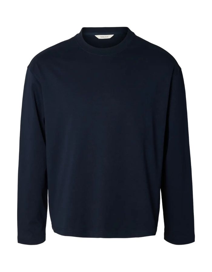 T-shirt manches longues pour homme en coton biologique épais bleu marine navy, col rond et coupe classique, modèle Taj Heavy LS O-Neck Tee de la marque Selected