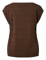 Dos du T-shirt fluide à manches courtes pour femme de couleur marron foncé Chicory Coffee, texturé par de fines rayures scintillantes en fil de lurex doré Gold Lurex, modèle Billo de la marque Pieces. Présente une coupe ample et droite avec un col rond classique.