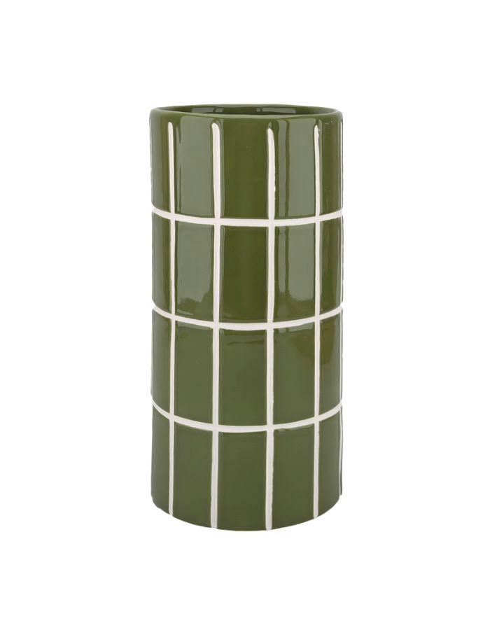 Vase en grès céramique kaki avec motif carrelage en relief D10.5 H23 cm, modèle de la marque OPJET.