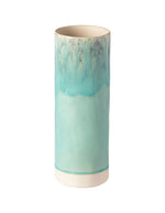 Vase cylindrique Madeira en grès fin bleu turquoise craquelé, émaillage réactif brillant.