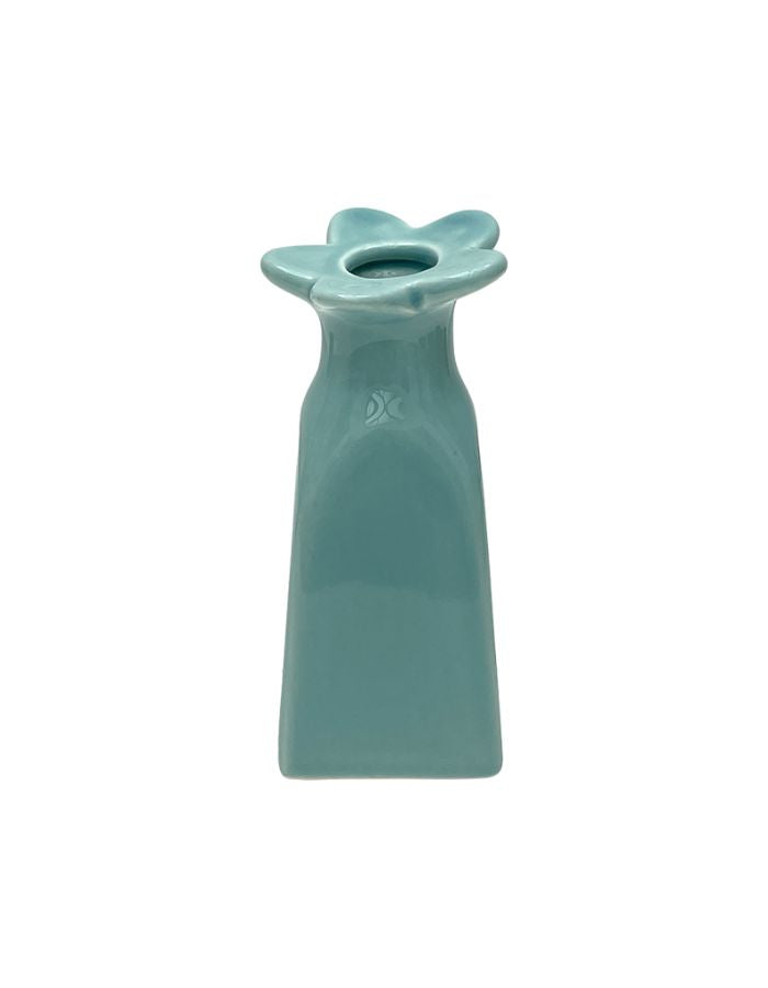 Petit soliflore fleur en faïence bleu givré à rayures pour fleurs séchées, hauteur 11,5 cm et diamètre 5,5 cm.