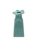 Petit soliflore fleur en faïence bleu givré à rayures pour fleurs séchées, hauteur 11,5 cm et diamètre 5,5 cm.