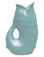 Grand vase pichet poisson XXL en faïence bleu givré pastel style vintage années 60, hauteur 39.5 cm, modèle de la marque OPJET.