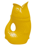 Grand vase pichet poisson XXL en faïence jaune safran style vintage années 60, hauteur 39.5 cm, modèle de la marque OPJET.