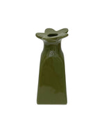 Petit vase soliflor en faïence en forme de fleur à rayures kakis, hauteur 11.5 cm, modèle de la marque OPJET