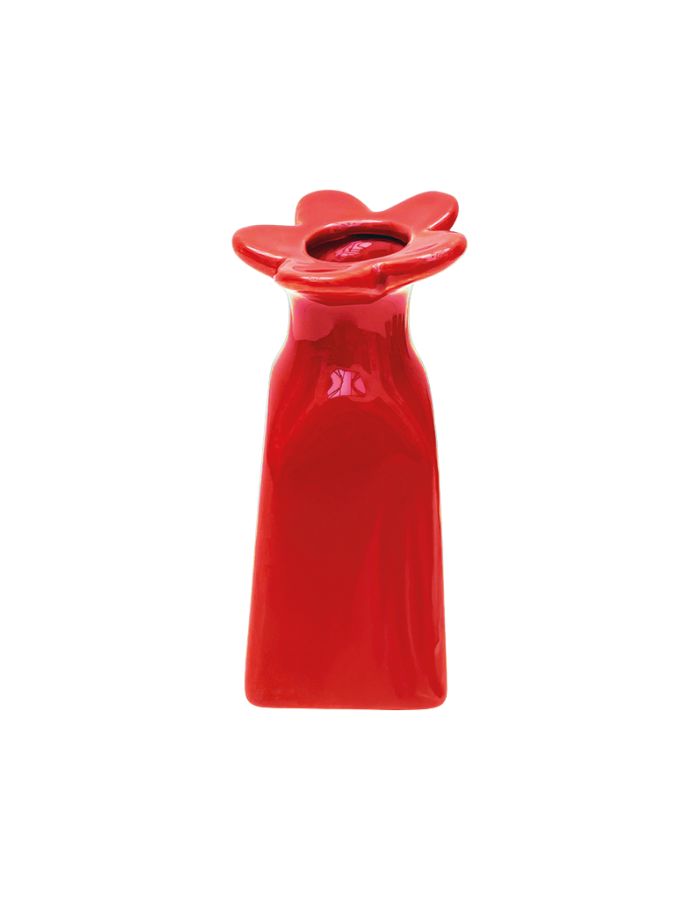 Petit vase soliflor en faïence en forme de fleur à rayures rouges, hauteur 11.5 cm, modèle de la marque OPJET