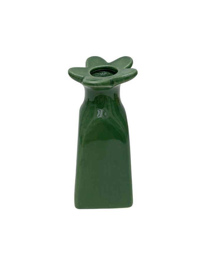 Petit vase soliflor en faïence en forme de fleur à rayures vertes, hauteur 11.5 cm, modèle de la marque OPJET.