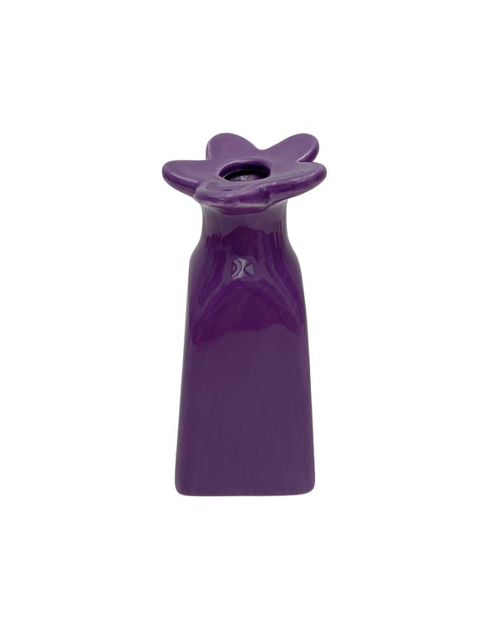 Petit vase soliflor en faïence en forme de fleur à rayures violettes, hauteur 11.5 cm, modèle de la marque OPJET.