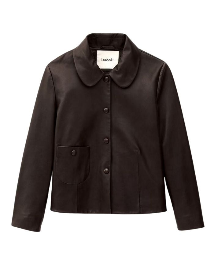 Veste courte pour femme en cuir d'agneau marron avec col claudine, manches mi-longues et boutons-pression recouverts, modèle Milos de la marque ba&sh.