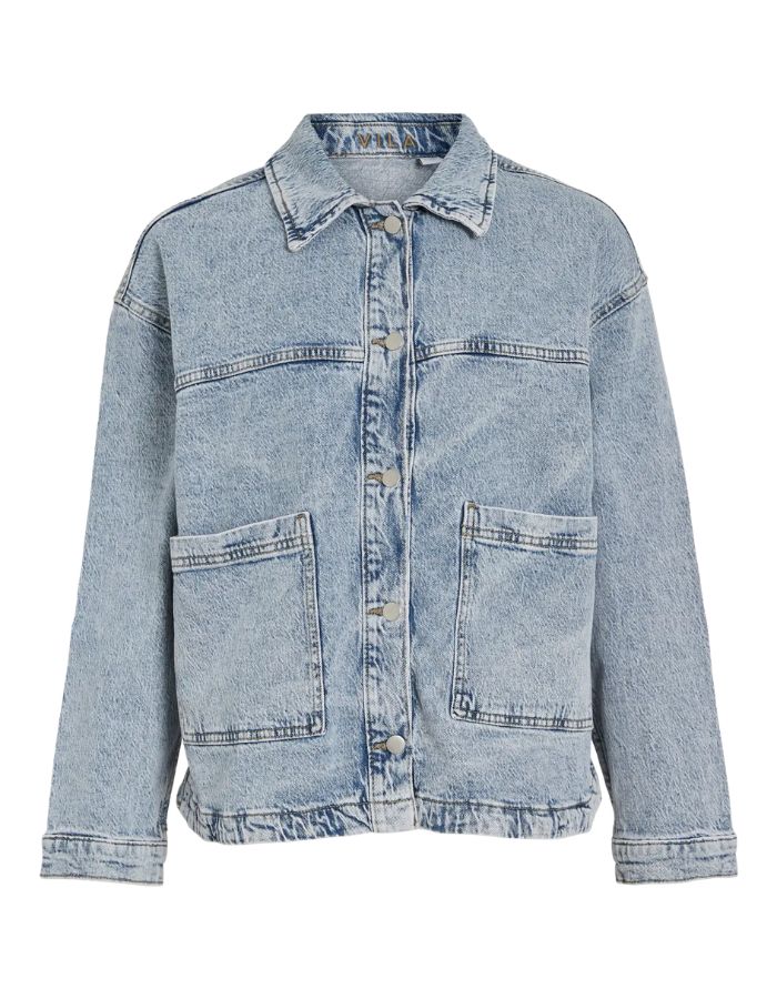 Veste en jean femme Vila Jaf bleu clair délavé, col chemise, fermeture boutonnée, poches plaquées.