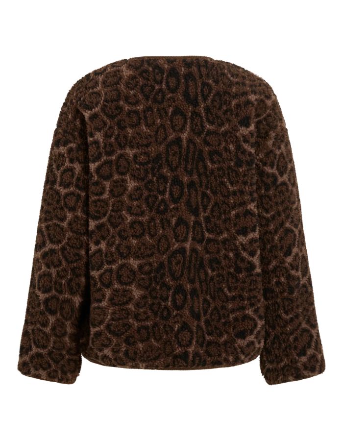 Dos de la Veste courte pour femme en moumoute duveteuse à imprimé léopard brun foncé et détails en velours côtelé, modèle Adera L/S Leo Corduroy Jacket couleur Coffee Bean Dark Leo de la marque VILA