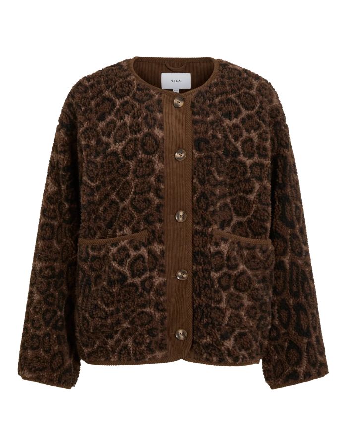 Veste courte pour femme en moumoute duveteuse à imprimé léopard brun foncé et détails en velours côtelé, modèle Adera L/S Leo Corduroy Jacket couleur Coffee Bean Dark Leo de la marque VILA
