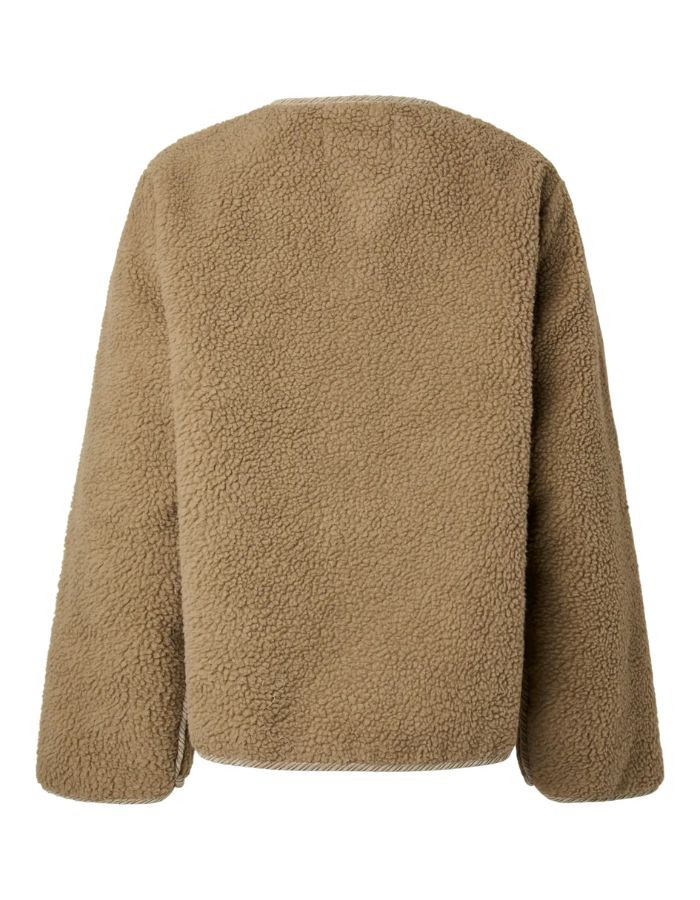 Dos de la Veste boutonnée pour femme en moumoute teddy et velours côtelé greige avec col rond et poches avant, modèle Anastacia Teddy Jacket couleur Greige Corduroy de la marque PIECES