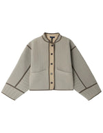 Veste Patchouli Vert d'Eau matelassée en gabardine de coton, coupe courte ample, col montant, boutons et poches passepoilées.