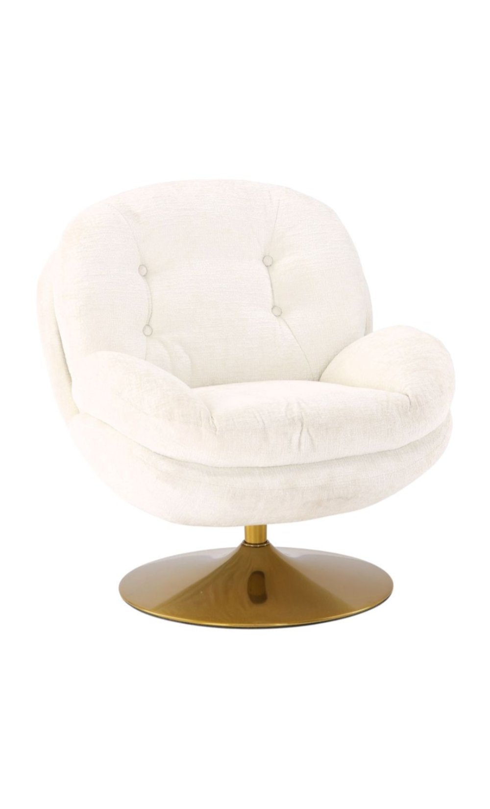 Fauteuil loveuse bouclette blanc rétro avec base pivotante dorée.