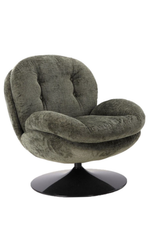 Fauteuil loveuse pivotant en velours kaki avec base ronde noire, style rétro et assise moelleuse.