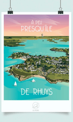 Affiche vintage "À Peu Presqu'île de Rhuys" avec vue aérienne turquoise, maisons blanches, et ciel dégradé.