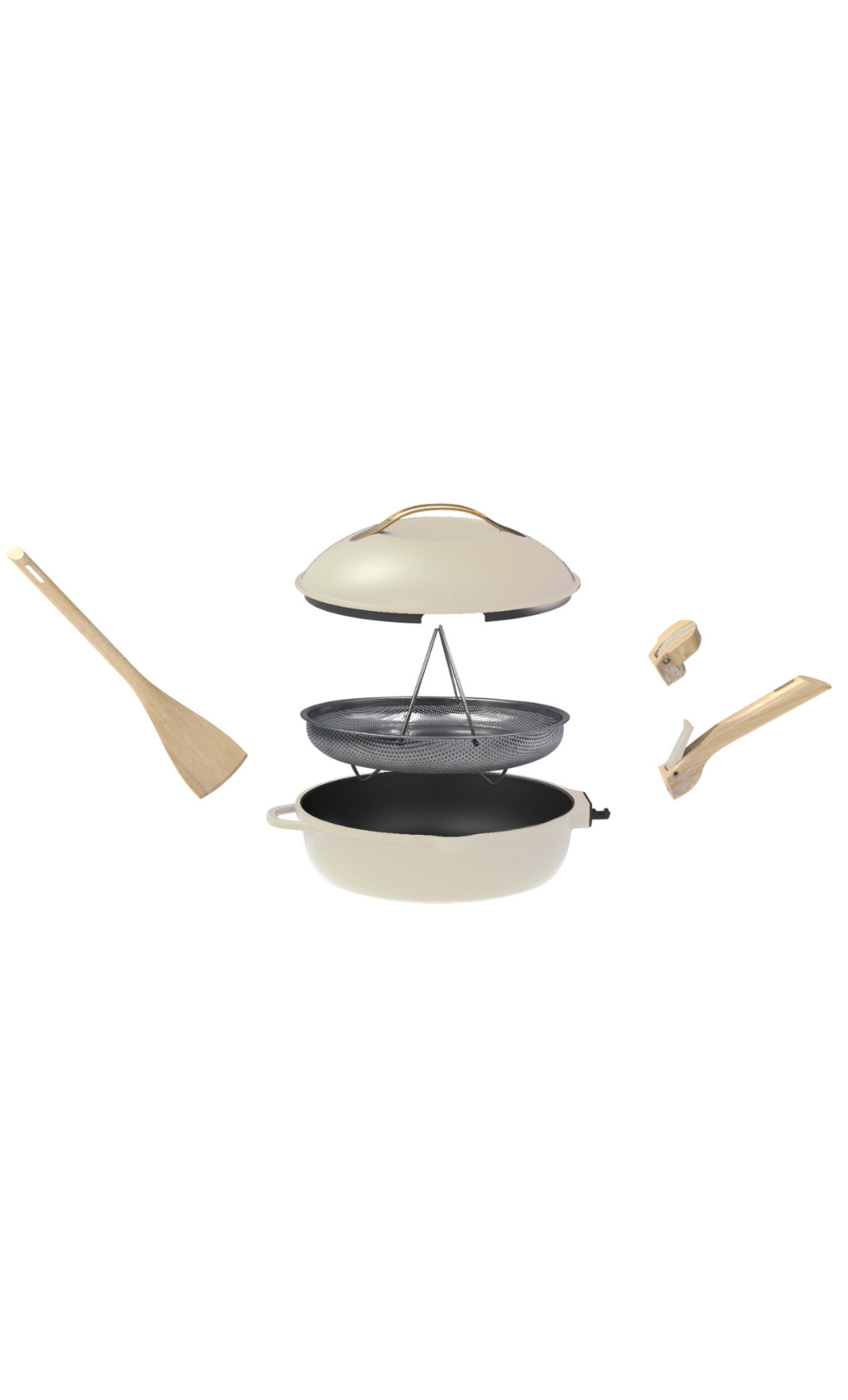 La Fabuleuse Poêle Cookut 28cm crème avec couvercle, panier vapeur, spatule et poignées en bois.