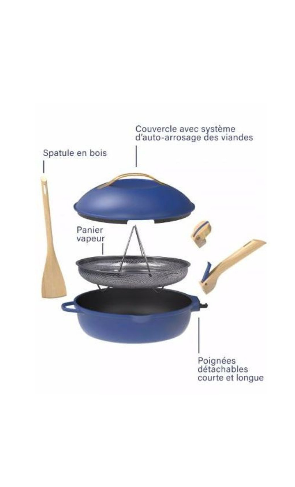 La Fabuleuse Poêle Cookut 28cm bleue avec couvercle, panier vapeur, spatule et poignées détachables en bois.